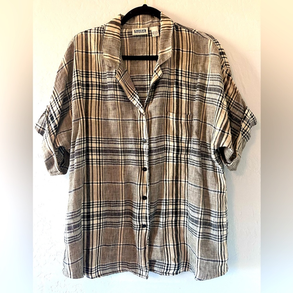 Chico's Womens 100 % Linen Plaid Roll Tab Sleeve Button Up Size 2